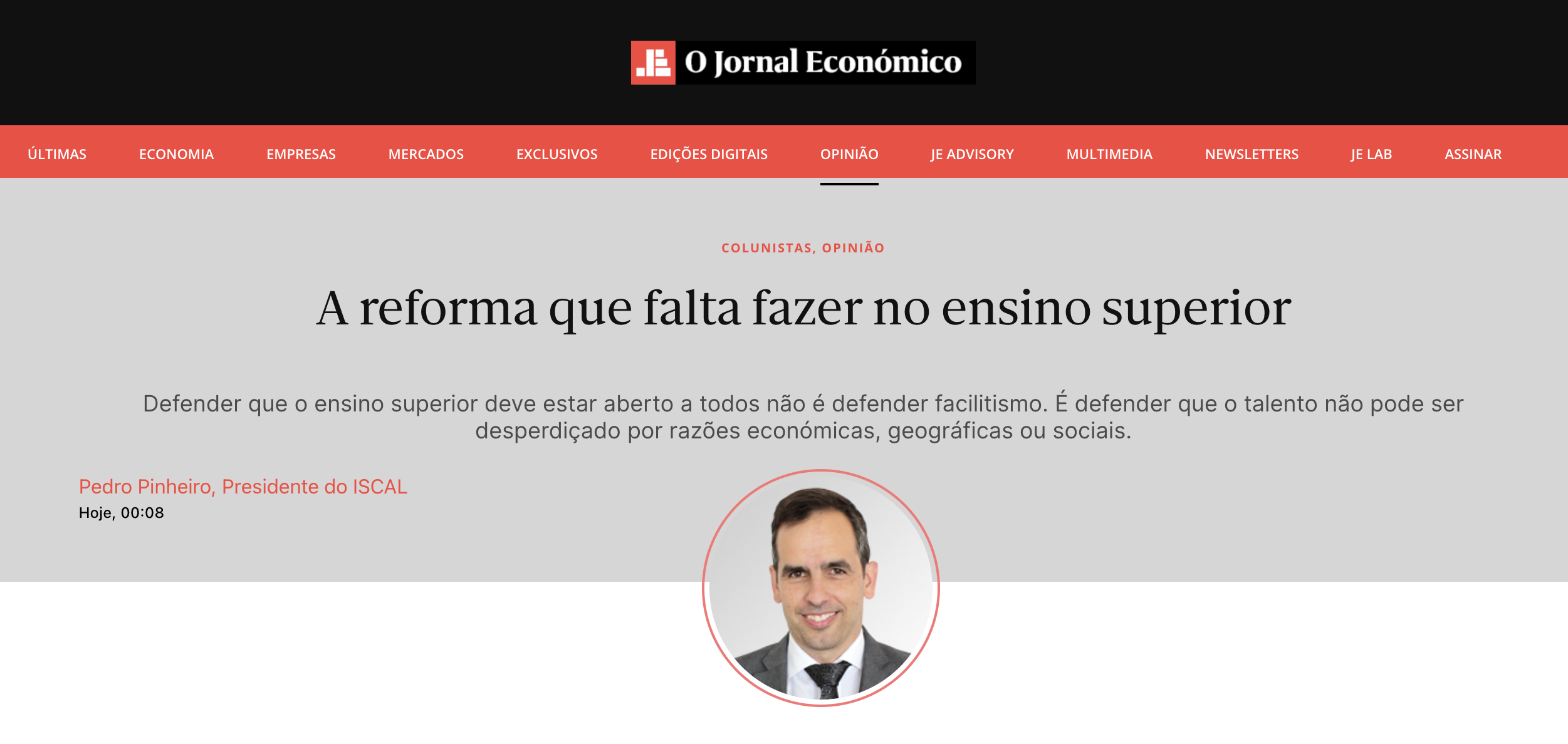 presidente do iscal lança artigo no jornal economico sobre ensino superior no dia dezoito de junho de dois mil e vinte seis